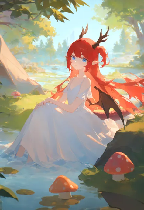 anime girl sitting in the water with a deer antlers on her head