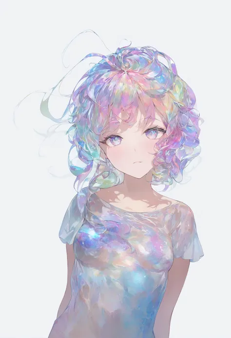 anime girl with colorful hair and blue eyes in a white dress