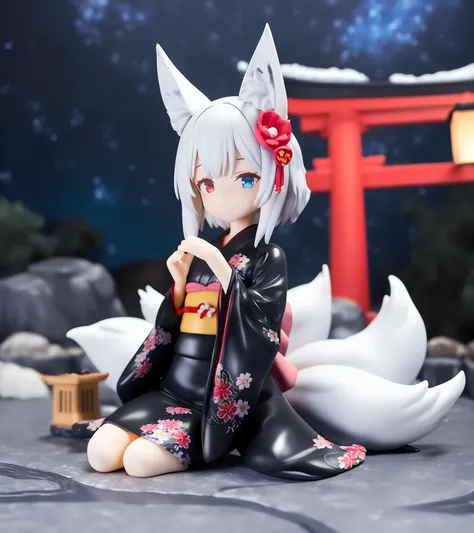 1girl,
pvc figure,
(1o1i:1.2), solo, white hair, kimono, short hair, red eyes, hair ornament, shrine, torii, fox girl, fox ears, fox tail, tail, multiple tails, expressionless, smile, wide shot, black kimono, long sleeves, looking at viewer, closed mouth, ...