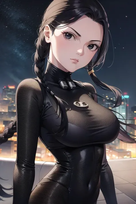 seisakuraoka, <lora:sei sakuraoka manga-lora-nochekaiser:1>,
sei sakuraoka, braid, black hair, (black eyes:1.5), single braid,
BREAK bodysuit, black bodysuit
BREAK outdoors, city, night, sky, starry sky, moon,
BREAK looking at viewer, (cowboy shot:1.5),
BR...