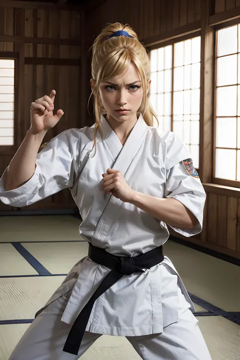 samus aran, blonde hair, ponytail, blue eyes, wearing a karate uniform, black belt, looking at viewer, serious, angry, medium shot, 
fighting pose, interior of a chinese dojo, detailed background, extreme detail, hdr, realistic quality, cinematic,<lora:kar...