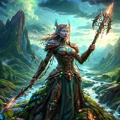 a woman in a green dress holding a sword and standing in front of a river