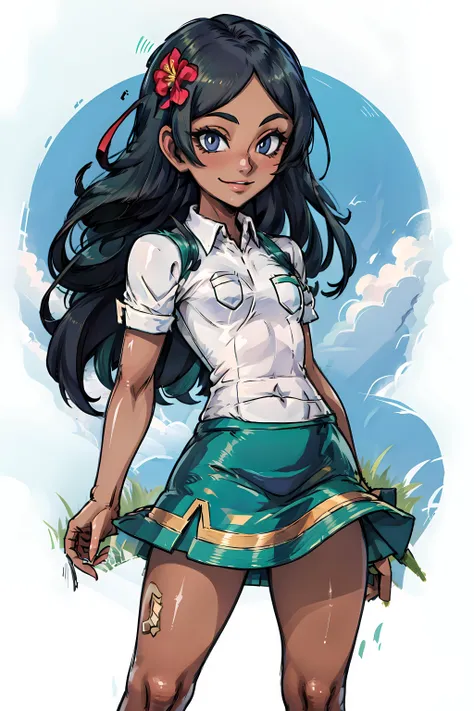 <lora:LassSM:0.9> lasssm, 1girl, solo, skirt, shirt, white shirt, short sleeves, smile, green skirt, dark skin, tanned skin