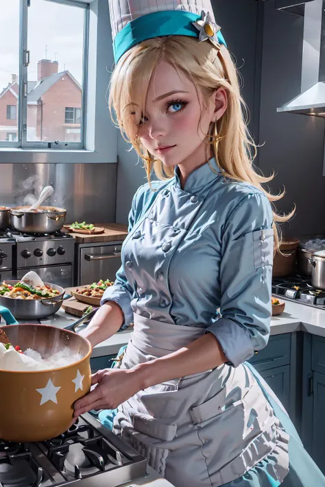 blond haired woman in a blue dress and a chef hat preparing food