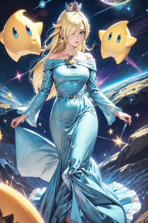 thick outlines, comics, photorealistic, 1girl, solo, <lora:RosalinaV3:0.9>, IncrsRsln, blonde hair, hair over one eye, RslnDef, crown, bare shoulders, off-shoulder dress, long sleeves, blue dress, long dress, aqua dress, space, stars, planets, garden, deta...