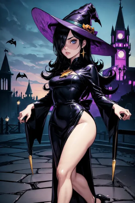 thick outlines, comics, photorealistic, 1girl, solo, <lora:RosalinaV3:0.7>, IncrsRsln, black hair, hair over one eye, RslnHllwn, witch hat, pruple dress, halloween costume, purple headwear, high heels, black dress, long dress, halloween, castle, town, deta...