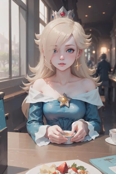 anime girl in blue dress sitting at a table with a plate of food