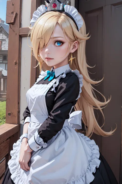 a close up of a woman in a maid outfit posing for a picture