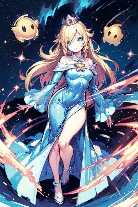 a woman in a blue dress and a long cape is standing in front of a star filled sky