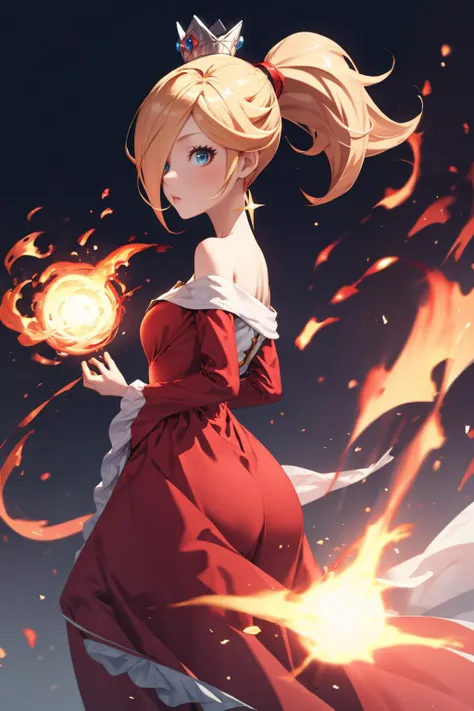 a woman in a red dress holding a fire ball