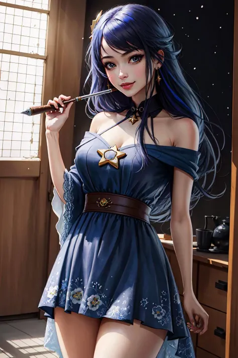 a woman in a blue dress holding a knife and a knife