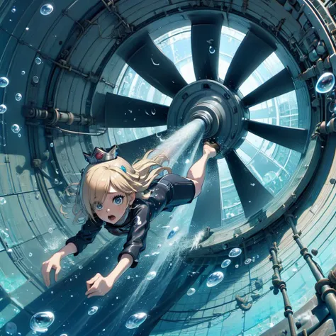 anime girl in a black dress is floating in a large blue tube