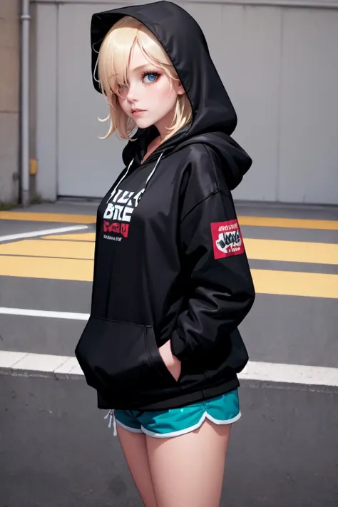 a close up of a person wearing a hoodie and shorts