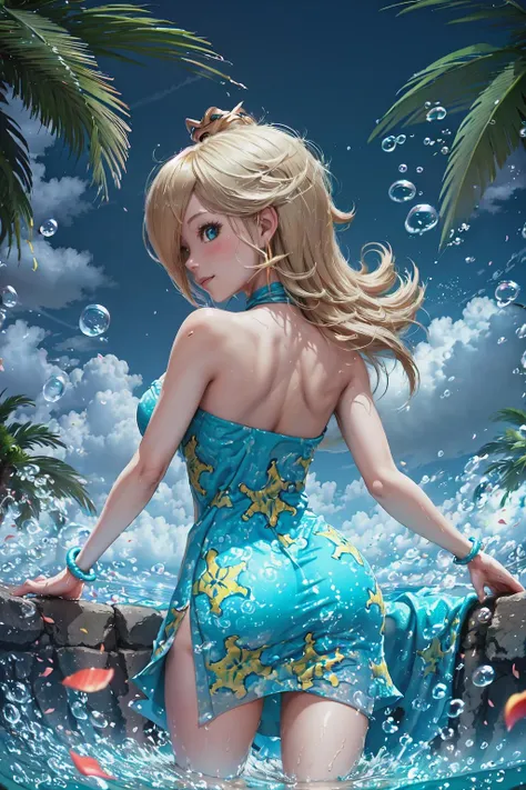 a woman in a blue dress is standing in the water