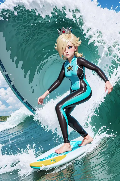 blond woman in a blue and black wetsuit surfing on a wave