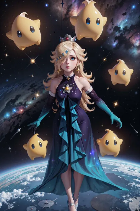 a woman in a dress and gloves standing on a planet with stars