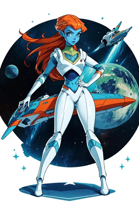 a woman in a white suit and red hair holding a sword