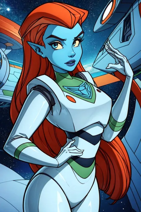 a cartoon picture of a woman in a space suit holding a gun