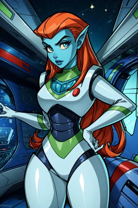 a cartoon picture of a woman in a space station with a spaceship in the background