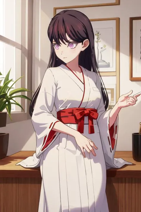 best quality, masterpiece, highres, solo, {white kimono:1.35}, {red hakama:1.35}, {wide sleeves:1.20}, {shiina_taki_bangdreamitsmygo:1.15}, long_hair, black_hair, purple_eyes, mole_under_eye, mole, bangs, indoors, brown_hair