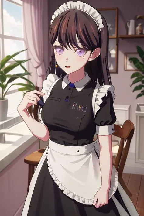 best quality, masterpiece, highres, solo, {maid:1.40}, {long maid dress:1.15}, {shiina_taki_bangdreamitsmygo:1.15}, long_hair, black_hair, purple_eyes, mole_under_eye, mole, bangs, indoors, brown_hair