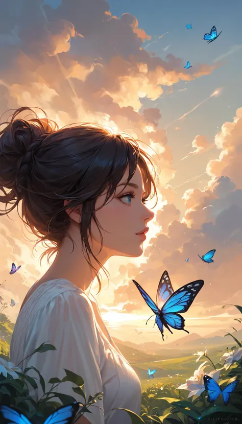 a woman with a butterfly in her hand looking at the sky