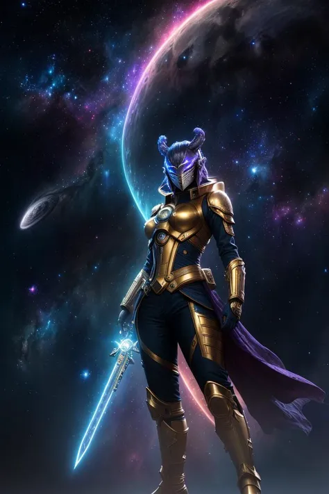 a woman in armor holding a sword standing in front of a planet