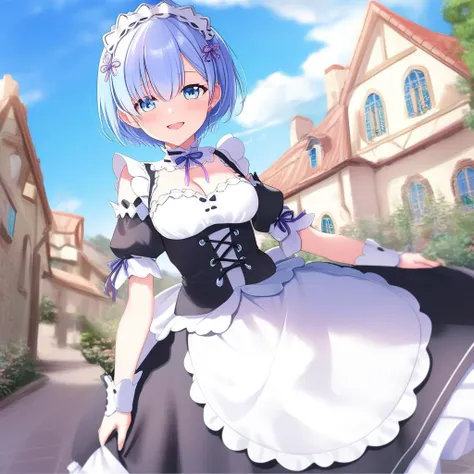 1girl, rem(re-zero),maid costume,cleavage,headdress, outdoor,open arms for viewer,smile,from below<lora:XDetail_light:0.7> <lora:rem rezero xl:0.7>masterpiece, best quality, ultra detailed, highres,4k