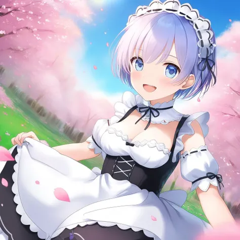 1girl, rem(re-zero),maid costume,cleavage,headdress, outdoor,open arms for viewer,smile,from below,petal dance<lora:XDetail_light:0.7> <lora:rem rezero xl:0.7>masterpiece, best quality, ultra detailed, highres,4k