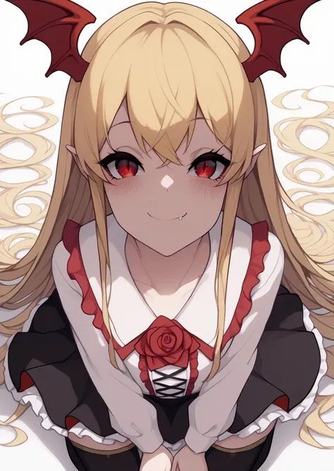 anime girl with long blonde hair and red eyes sitting on the ground