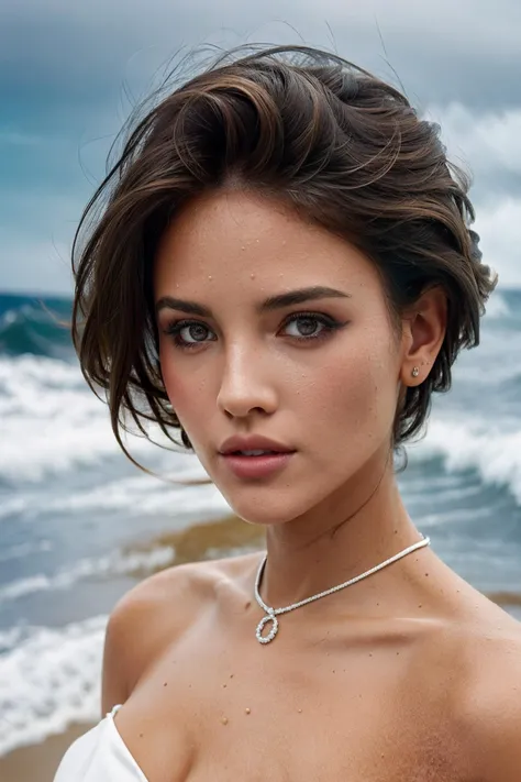 a close up of a woman in a white dress on a beach