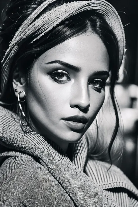 a close up of a woman with a scarf on her head