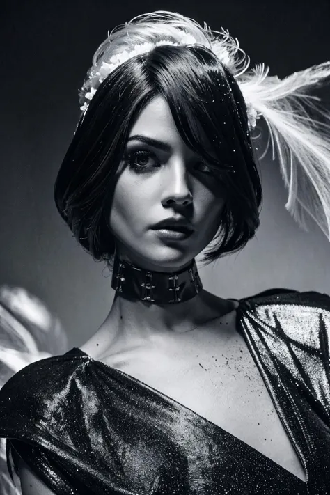 a close up of a woman in a black dress with a feather on her head