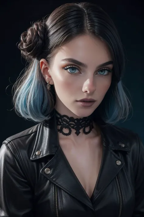 RAW photo, (goth girl), (style of Tim Walker:1.4), eerie, dark theme, horror, unsettling, Shame, High-neck lace dress, leather jacket, and knee-high boots, cohen, Messy bun, Pastel blue hair color,  Elaborate face tattoos or designs using face paint, Athle...