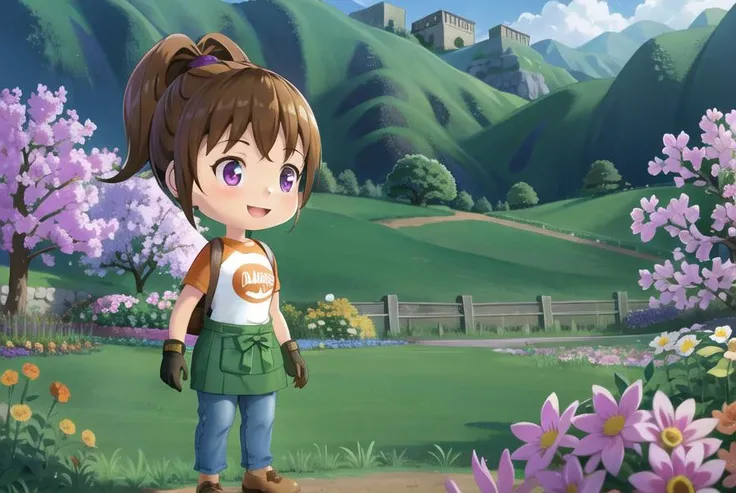 sharp focus, soft lighting, illustration, depth of field, day, garden, flowers, farm, outside, 1girl, solo, brown hair, shirt, gloves, standing, clothes writing, purple eyes, ponytail, short sleeves, brown shoes, pants, backpack , smile, :D, green apron, h...