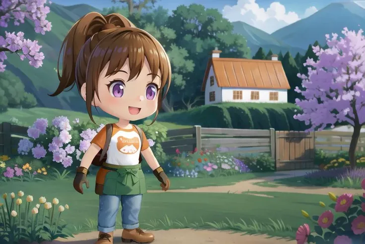 sharp focus, soft lighting, illustration, depth of field, day, garden, flowers, farm, outside, 1girl, solo, brown hair, shirt, gloves, standing, clothes writing, purple eyes, ponytail, short sleeves, brown shoes, pants, backpack , smile, :D, green apron, h...