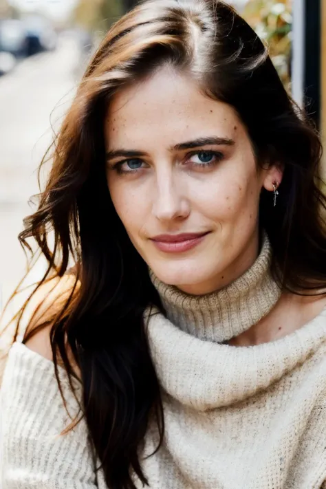 evg  piercing eyes, looking straight, very happy,long hair, wearing an off-shoulder sweater, choker, closeup portrait, in a outdoor cafe in 2015, afternoon light, <lyco:EvaG-RealVision-V1.0:1.0>