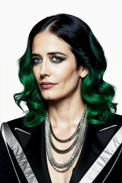 photo of evg with (black and white hair) (green eyes), wearing gold chain necklace and silver velvet shirtg, <lyco:EvaG-RealVision-V1.0:1.0>