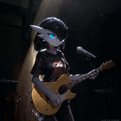 anime girl with a guitar and microphone in a dark room