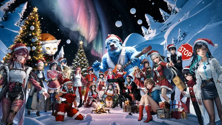 anime characters dressed in costumes and christmas hats standing in front of a christmas tree