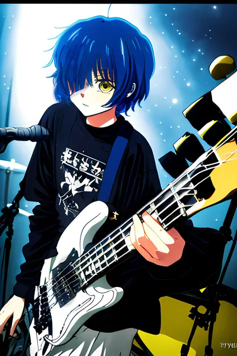 anime boy with blue hair playing a bass guitar in front of a microphone