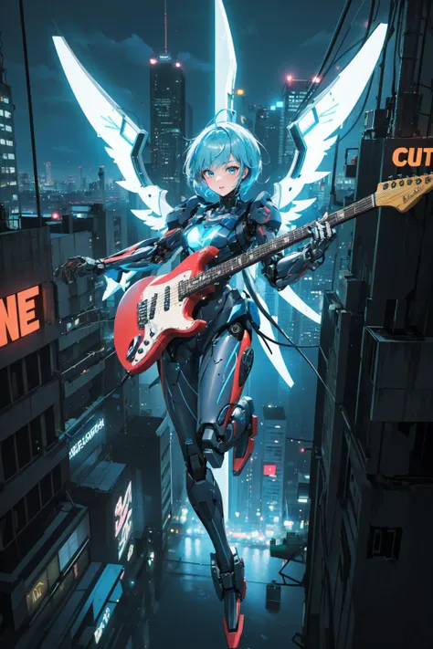 a woman with a guitar flying over a city at night