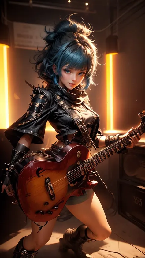 a woman with blue hair and a guitar in a room