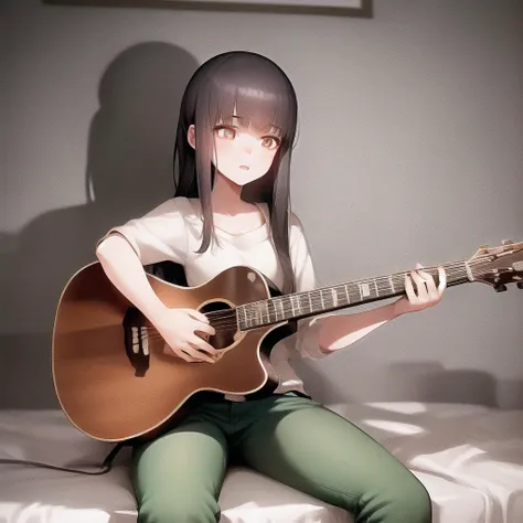 anime girl with guitar sitting on bed in room with wall