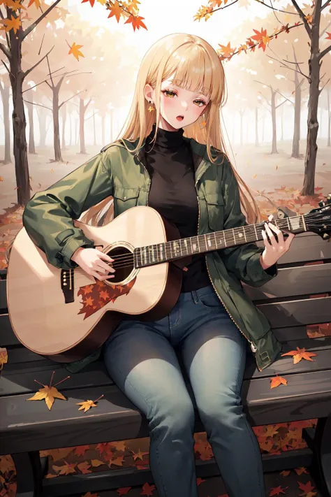 anime girl with guitar sitting on bench in autumn park