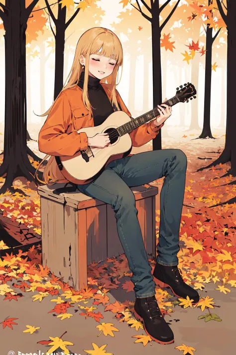 a woman sitting on a bench playing a guitar in the woods