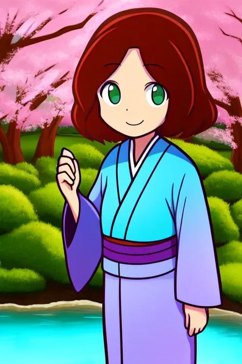 a cartoon girl in a kimono outfit standing in front of a pond