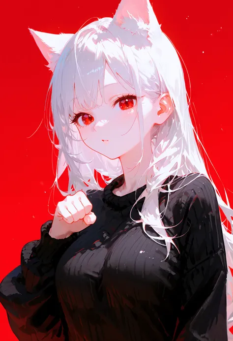 score_9, score_8_up, score_7_up, best quality, source_anime BREAK, 1girl, cat ears, pale skin, :3, cat girl, white hair, long hair, pale skin, red eyes, medium breasts, black sweater, upper body, paw pose, red background,