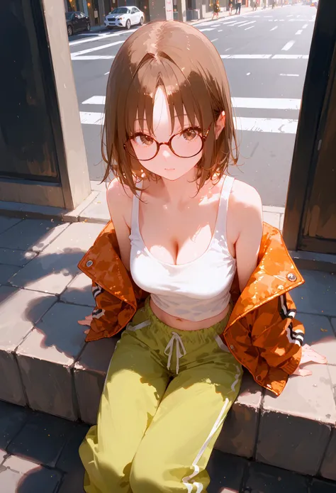 score_9, score_8_up, score_7_up, best quality, source_anime BREAK, 1girl, brown hair, parted bangs, medium hair, brown eyes, tomboy, baggy clothes, tank top, jacket, baggy pants, glasses, cleavage, medium breasts, navel, street, sitting, from above,