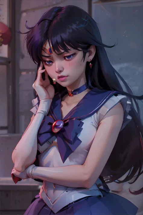 anime girl with long black hair and a purple dress talking on a cell phone